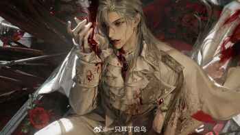 Rule 34 | 1boy, absurdres, blood, blood from mouth, blood on clothes, blood on face, capelet, earrings, flower, gloves, goth fashion, grey hair, hair between eyes, highres, jewelry, long hair, long sleeves, love and deepspace, male focus, military uniform, nose, pants, parted bangs, parted lips, red eyes, red flower, red rose, rose, shirt, solo, sylus (love and deepspace), upper body, very long hair, watermark, weibo username, weibo watermark, white capelet, white gloves, white pants, white shirt, yi zhi er ding xin wu