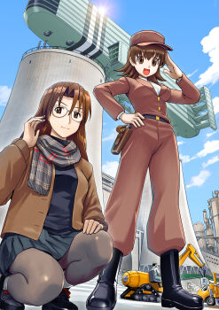 Rule 34 | 2girls, :d, absurdres, aircraft, airship, azumanga daiou, belt, black belt, black boots, black shoes, boots, breasts, brown jacket, brown pants, cloud, cloudy sky, excavator, giant robo, gingham scarf, grey thighhighs, highres, jacket, long hair, misogram, mizuhara koyomi, multiple girls, open mouth, pants, salute, shoes, short hair, sky, smile, spiked hair, squatting, sun, takino tomo, thighhighs