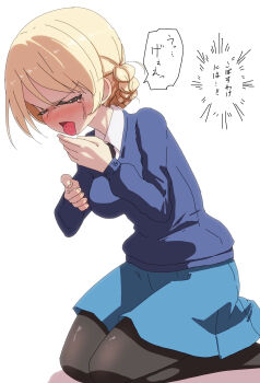 1girl black_pantyhose blonde_hair blush braid breasts closed_eyes darjeeling_(girls_und_panzer) girls_und_panzer jinguu_(4839ms) large_breasts open_mouth pantyhose saliva school_uniform simple_background solo st._gloriana&#039;s_school_uniform tears tongue tongue_out white_background
