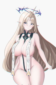 1girl absurdres black_collar blonde_hair blue_eyes blush breast_curtains breasts cabbage_ex chromatic_aberration clothing_request collar commentary crown_of_thorns feet_out_of_frame fleurdelys_(wuthering_waves) heavy_chromatic_aberration highres horns large_breasts long_hair no_bra pointy_ears single_horn solo tacet_mark_(wuthering_waves) very_long_hair wuthering_waves yellow_horns
