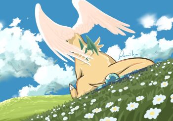 blue_sky claws cloud dragon dragonite feathered_wings field flower flower_field full_body gen_1_pokemon grass head_wings landscape mega_dragonite mega_pokemon nintendo no_humans outdoors pokemon pokemon_(creature) pokemon_focus rumiko_(vertlapin96) sitting sky solo tail wings