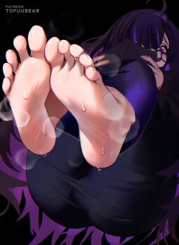 1girl ahoge artist_name ass barefoot black_background black_dress book colored_inner_hair commentary dress duplicate eyelashes feet feet_up foot_focus foreshortening goddess_of_victory:_nikke highres holding holding_book impossible_clothes impossible_dress label_(nikke) long_hair multicolored_hair patreon_username purple_eyes purple_hair round_eyewear simple_background soles solo sweat sweatdrop symbol-only_commentary toenails toes tofuubear very_long_hair