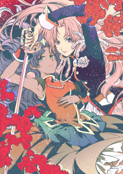 2girls aiguillette armpits bindi black_shirt blue_eyes dress epaulettes expressionless flower frills green_eyes highres himemiya_anthy holding holding_sword holding_weapon long_hair looking_at_viewer multiple_girls parted_bangs pink_hair purple_hair rapier red_dress red_flower red_rose rose shirt shoujo_kakumei_utena sword tenjou_utena ueno_haruki weapon white_flower white_rose