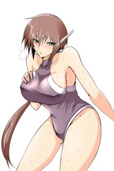 1girl aile_(mega_man_zx) blush breasts brown_hair commentary_request green_eyes groin highres large_breasts long_hair looking_at_viewer mega_man_(series) mega_man_zx mega_man_zx_advent open_mouth ponytail robot_ears simple_background solo sweat tgxx3300 white_background