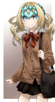 1girl black_skirt blonde_hair blue_eyes breasts brown_sweater collared_shirt commentary_request fate/grand_order fate_(series) highres homurabara_academy_school_uniform laurel_crown long_sleeves looking_at_viewer medium_hair neck_ribbon pollux_(fate) red_ribbon ribbon school_uniform shirt skirt small_breasts smile solo sweater white_shirt yubeshi_(zecxl)