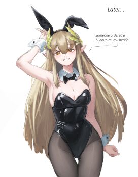 1girl alternate_breast_size_(larger) animal_ears arknights arm_up black_leotard black_pantyhose breasts brown_hair commentary cyczen elf english_commentary fake_animal_ears highres large_breasts leotard long_hair mole mole_under_eye muelsyse_(arknights) open_mouth orange_eyes pantyhose playboy_bunny pointy_ears rabbit_ears simple_background solo strapless strapless_leotard thigh_gap white_background white_wrist_cuffs wrist_cuffs