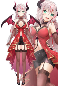1girl :d bare_shoulders black_shoes black_shorts braid breasts brown_gloves brown_thighhighs cleavage cleavage_cutout clothing_cutout commentary copyright_request demon_girl demon_horns demon_tail demon_wings dress elbow_gloves english_commentary garter_straps gloves green_eyes grey_hair hair_between_eyes highres horns large_breasts long_hair lunacle multicolored_hair multiple_views open_mouth red_dress red_hair red_wings shoes short_shorts shorts simple_background smile streaked_hair tail thighhighs very_long_hair virtual_youtuber white_background wings zoom_layer