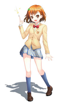 Rule 34 | 1girl, absurdres, arm at side, asymmetrical bangs, blazer, blue skirt, blue socks, bobfeng, bow, bowtie, breast pocket, breasts, brown eyes, brown hair, brown shoes, buttons, chinese commentary, coin, collared shirt, commentary request, electricity, electrokinesis, fang, frog hair ornament, full body, gekota, hair ornament, hand up, heel up, highres, index finger raised, jacket, kneehighs, lightning bolt symbol, loafers, long sleeves, miniskirt, misaka mikoto, open mouth, partial commentary, plaid clothes, plaid skirt, pleated skirt, pocket, railgun (misaka mikoto), red bow, red bowtie, school emblem, school uniform, shadow, shirt, shoes, short hair, simple background, skirt, small breasts, socks, solo, standing, toaru kagaku no railgun, toaru majutsu no index, tokiwadai school uniform, white background, white shirt, winter uniform, yellow jacket