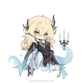 1boy :| alkaid_mcgrath alkaid_mcgrath_(dreamland_wonder) aqua_gem black_boots black_choker black_cloak black_jacket black_pants blonde_hair blood blood_on_face blue_fire boots brooch candle candlestand chibi chibi_only chinese_commentary choker cloak closed_mouth commentary_request earrings fire floating_earrings full_body gem green_eyes hair_between_eyes hair_branch hand_up highres holding holding_candlestand invisible_chair jacket jewelry long_hair long_shirt long_sleeves looking_at_viewer lovebrush_chronicles male_focus official_alternate_costume pants pelvic_curtain popped_collar see-through_tentacles shirt simple_background sitting solo tentacles torn_clothes torn_shirt v-shaped_eyebrows watermark weibo_watermark white_background white_shirt wide_sleeves zelotupia