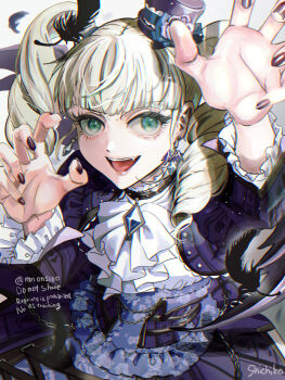 1girl aikatsu! aikatsu!_(series) ascot black_nails blonde_hair blunt_bangs brooch claw_pose cowboy_shot cropped_jacket drill_hair fang feathers frilled_shirt frills gothic_lolita green_eyes hands_up hat highres jacket jewelry lolita_fashion long_hair long_sleeves looking_at_viewer mini_hat nail_polish open_mouth purple_hat purple_jacket purple_skirt shichiko_(kerori) shirt skirt smile solo todo_yurika twin_drills twintails white_ascot
