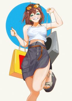 1girl alternate_costume ayase_momo bag bare_arms bare_legs bare_shoulders belt black-framed_eyewear blush breasts brown_eyes brown_hair camisole collarbone commentary crossed_bangs dandadan davoxime earrings eyeshadow eyewear_on_head feet foot_out_of_frame green_eyeshadow grey_skirt halterneck highres holding holding_bag jewelry leg_up looking_at_viewer makeup medium_breasts midriff_peek nail_polish orange-tinted_eyewear orange_nails parted_lips sandals shopping_bag short_hair skirt smile solo straight-on sunglasses thighs tinted_eyewear toe_ring toenail_polish toenails toes white_camisole