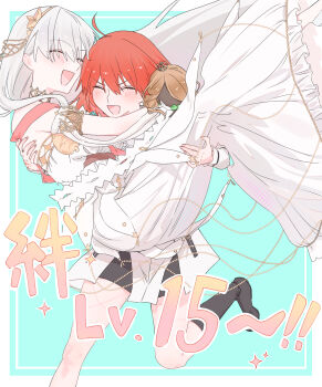 Rule 34 | 2girls, absurdres, ahoge, anastasia (fate), black boots, blue background, boots, carrying, closed eyes, commentary request, dpw6p39pwizgzdz, dress, fate/grand order, fate (series), fujimaru ritsuka (female), fujimaru ritsuka (female) (decisive battle chaldea uniform), gold hairband, hairband, highres, long dress, multiple girls, orange hair, princess carry, running, white dress, white hair