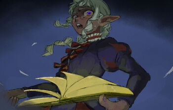 1boy book bow collar commentary_request crying dark-skinned_male dark_skin drill_hair dungeon_meshi elf frilled_collar frills furrowed_brow grimoire jester jester_costume juliet_sleeves long_sleeves looking_at_viewer open_mouth pointy_ears puffy_sleeves purple_eyes purple_tunic red_bow sidelocks solo syugyoou039 thistle_(dungeon_meshi) tunic upper_body white_hair