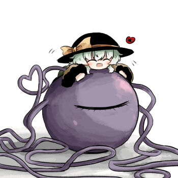 1girl black_hat closed_eyes commentary_request green_hair hair_between_eyes hat hat_ribbon heart heripantomorrow komeiji_koishi light_blush long_sleeves ribbon shadow shirt simple_background smile solo third_eye touhou white_background wide_sleeves yellow_ribbon yellow_shirt