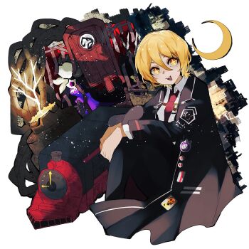 Rule 34 | + +, 1girl, black coat, blonde hair, coat, collared shirt, crescent moon, don quixote (project moon), golden bough (limbus company), highres, limbus company, long sleeves, looking at viewer, moon, nakame77, necktie, open mouth, project moon, red necktie, shirt, short hair, simple background, sitting, solo, train, upper body, white background, white shirt, yellow eyes