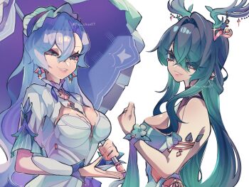 2girls antlers aqua_eyes aqua_hair bare_shoulders blue_eyes blue_hair breasts cantarella_(wuthering_waves) cleavage colored_inner_hair deer_antlers earrings facial_mark flower genshin_impact hair_between_eyes hair_intakes hair_over_one_eye headdress highres holding holding_umbrella horns jewelry large_breasts lauma_(genshin_impact) long_hair mark_under_eye mio_chan07 multicolored_hair multiple_girls parted_lips pointy_ears purple_hair shrug_(clothing) smile umbrella upper_body voice_actor_connection white_shrug wuthering_waves