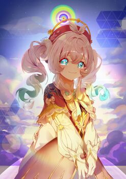 Rule 34 | 1girl, absurdres, aqua eyes, aqua hair, aquila (honkai: star rail), blue sky, commentary, dress, drill hair, hat, highres, honkai: star rail, honkai (series), hyacine (honkai: star rail), jelmul, looking at viewer, medium hair, multicolored hair, pink hair, red dress, red hat, sky, smile, solo, twin drills, two-tone hair