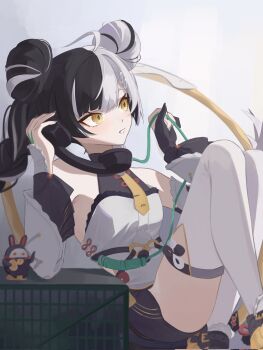 1girl ahoge aqua_nails bare_shoulders black_hair black_shorts braid braided_twintails chakram china_dress chinese_clothes commentary corded_phone detached_sleeves dialyn_(zenless_zone_zero) double_bun dress enu0 feet_out_of_frame green_nails hair_bun hair_ornament hairclip hashtag-only_commentary highres holding holding_phone legs_up long_hair multicolored_hair multicolored_nails necktie parted_lips phone shorts sitting solo split-color_hair symbol-only_commentary talking_on_phone thighhighs twintails weapon white_hair white_sleeves white_thighhighs wire yellow_eyes yellow_necktie zenless_zone_zero