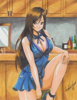 1girl absurdres bar_(place) bare_shoulders blue_dress blue_ribbon bottle breasts brown_eyes brown_hair cabinet cleavage counter cup dress drinking_glass earrings final_fantasy final_fantasy_vii final_fantasy_vii_remake hand_on_own_knee high_heels highres jewelry large_breasts light_smile long_hair looking_at_viewer mirror official_alternate_costume pleated_dress ravernclouk_design ribbon short_dress signature single_earring sitting solo stool swept_bangs thighs tifa_lockhart tifa_lockhart_(refined_dress) wine_bottle