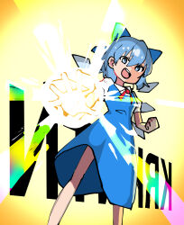 Rule 34 | 1girl, big bang attack, blue bow, blue dress, blue eyes, blue hair, bow, bowtie, breasts, cirno, clenched hand, collared shirt, commentary request, cookie (touhou), dress, feet out of frame, hair between eyes, hair bow, highres, ice, ice wings, kurikinton (cookie), long bangs, looking at viewer, magic, open mouth, pinafore dress, puffy short sleeves, puffy sleeves, red bow, red bowtie, shirt, short hair, short sleeves, sleeveless, sleeveless dress, small breasts, smile, solo, standing, teeth, tirano tenchou, touhou, upper teeth only, v-shaped eyebrows, white shirt, wings, yellow background