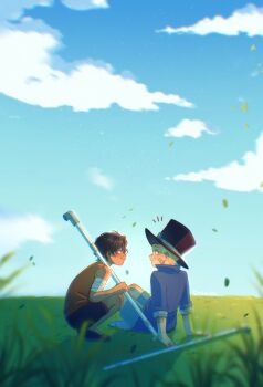 Rule 34 | 2boys, absurdres, aged down, bandaged arm, bandages, bare shoulders, black hair, blonde hair, blue coat, blue shorts, blue sky, blurry, blurry foreground, closed mouth, cloud, cloudy sky, coat, commentary, english commentary, from side, grass, highres, industrial pipe, looking at another, male focus, multiple boys, one piece, orange tank top, outdoors, portgas d. ace, profile, sabo (one piece), saterise, short hair, shorts, sitting, sky, squatting, tank top