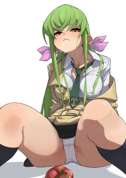 1girl c.c. code_geass fu-ta green_hair green_necktie highres long_hair looking_at_viewer necktie panties pantyshot simple_background solo thighs tomato underwear white_background white_panties yellow_eyes
