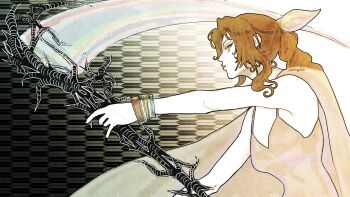 1girl aerith_gainsborough bangle bare_shoulders bracelet braid braided_ponytail breasts brown_hair cape dress final_fantasy final_fantasy_vii final_fantasy_vii_remake gold_bangle hair_ribbon highres holding holding_scythe jewelry long_hair medium_breasts parted_bangs pink_ribbon rainbow ribbon scythe serinigalini sidelocks silver_bangle single_braid sleeveless sleeveless_dress solo upper_body