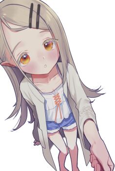 1girl blonde_hair blue_shorts blush camisole collarbone colored_eyelashes commentary_request denim denim_shorts feet_out_of_frame flipped_hair foreshortening gakuen_idolmaster grey_robe hair_ornament hairclip highres idolmaster lily-an long_hair looking_at_viewer open_clothes open_robe orange_eyes parallel_hairclips parted_bangs parted_lips robe shinosawa_hiro shorts simple_background solo standing white_background white_camisole