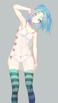 Rule 34 | 10s, 1girl, armpits, bare shoulders, bow, bow panties, bra, breasts, chair, collarbone, dress, female focus, green eyes, green hair, grey background, leaning to the side, legs apart, looking at viewer, monogatari (series), navel, nilitsu, nisemonogatari, ononoki yotsugi, panties, short eyebrows, short hair, simple background, small breasts, solo, standing, striped clothes, striped thighhighs, thick eyebrows, thighhighs, twintails, underwear, v, v over eye, white bra, white panties