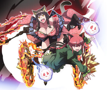 2girls animal_ears animal_feet animal_hands black_bow black_hair blue_fire bow braid breasts burnt_clothes cat_ears cat_girl cat_tail claws cleavage dress fangs fiery_tail fingernails fire flame-tipped_tail flaming_skull flaming_weapon floating_skull floral_print floral_print_kimono frilled_dress frilled_skirt frilled_sleeves frills green_dress hair_bow highres japanese_clothes kaenbyou_rin kasha_(nioh_2) kimono large_breasts long_fingernails long_sidelocks multiple_girls multiple_tails nioh nioh_2 otoufu_(wddkq314band) pink_kimono print_kimono red_eyes red_hair sidelocks skirt skull smile tail teeth thighs touhou upper_teeth_only weapon wheel whip yellow_eyes