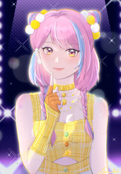 1girl bare_shoulders blue_hair braid breasts brown_eyes buttons choker cleavage closed_mouth commission cone_hair_bun crazygirlisme crop_top double_bun earrings finger_to_own_chin fingerless_gloves fingernails gloves hair_bun hair_ornament halftone halftone_background happy highres infinity_nikki jewelry light_blush light_particles lipstick long_hair loose_hair_strand makeup multicolored_buttons multicolored_hair necklace nikki_(series) orange_gloves pink_hair pink_lips plaid_arm_warmers plaid_clothes plaid_shirt pom_pom_(clothes) pom_pom_earrings pom_pom_hair_ornament procreate_(medium) purple_background sample_watermark shirt side_braids signature sleeveless sleeveless_shirt smile solo sparkle spotlight stage starry_path_(infinity_nikki) streaked_hair studded_choker stylist_(nikki) twin_braids two-tone_hair upper_body watermark y2k_fashion yellow_arm_warmers yellow_choker yellow_shirt