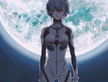 Rule 34 | 1girl, a12740807, ayanami rei, blue hair, bodysuit, commentary, english commentary, full moon, hair ornament, interface headset (evangelion), long sleeves, looking at viewer, mecha pilot suit, moon, neon genesis evangelion, night, outdoors, plugsuit (evangelion), red eyes, short hair, sky, solo, third-party source, white bodysuit