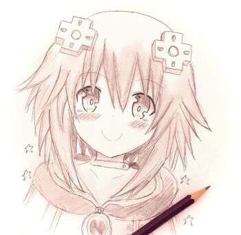1girl art_tools_in_frame choker colored_pencil_(medium) commentary_request d-pad d-pad_hair_ornament dj_unlock hair_ornament hood hoodie jewelry neck_ring neptune_(neptunia) neptune_(series) pencil short_hair sidelocks smile solo star_(symbol) traditional_media