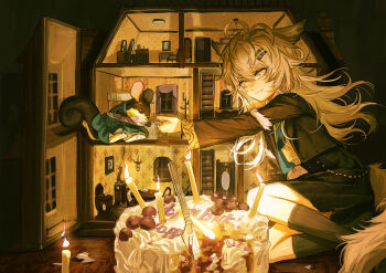 Rule 34 | absurdres, animal, animal ears, arknights, birthday cake, black jacket, black socks, cake, candle, chinese commentary, commentary request, deatiose, fang, feeding, feeding animal, food, hair ornament, hairclip, highres, holding, holding knife, jacket, knife, lappland (arknights), lappland (refined horrormare) (arknights), long hair, long sleeves, looking at animal, messy hair, open clothes, open jacket, planted, planted knife, planted weapon, sitting, socks, tail, weapon, wolf ears, wolf girl, wolf tail