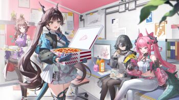 Rule 34 | 4girls, animal ears, ardelia (arknights), arknights, arknights: endfield, black coat, black gloves, black hair, black horns, blue gloves, blue horns, bottle, brown eyes, brown hair, chen qianyu (arknights), coat, commentary request, cone hair bun, crossed legs, curled horns, dragon girl, dragon horns, dragon tail, dress, drill hair, drill ponytail, drink carton, endministrator (arknights), eye mask, eyjafjalla (arknights), female endministrator (arknights), food, gloves, grey horns, hair bun, hair intakes, hair on horn, highres, holding, holding food, holding phone, holding pizza, horns, indoors, juice box, long hair, looking at phone, mask, multicolored gloves, multicolored horns, multiple girls, pants, pantyhose only, phone, pink gloves, pink hair, pink horns, pink sleeves, pizza, pizza box, pointy ears, purple dress, red eyes, rity, see-through clothes, see-through sleeves, sheep ears, sheep girl, sheep horns, sitting, standing, tail, twintails, two-sided gloves, two-tone gloves, two-tone horns, very long hair, white gloves, white pants, yvonne (arknights)