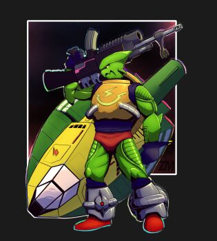 1boy alien black_border boots border f-zero f-zero_gx full_body gloves grenade_launcher gun highres holding holding_weapon looking_to_the_side m203 nintendo pico_(f-zero) rifle solo standing turtle_shell underbarrel_grenade_launcher weapon wild_goose yellow_eyes zm_anon