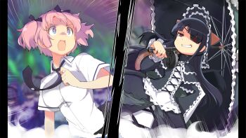 2girls absurdres animal_ears animal_hood black_bow black_dress black_hair black_hood black_necktie black_umbrella blue_eyes blunt_bangs blurry blurry_background bow breasts cat_ears cat_hood cross-shaped_pupils dress evil_grin evil_smile eyepatch fog game_cg gothic_lolita grin hanzou_academy_school_uniform hibari_(senran_kagura) highres holding holding_umbrella hood large_breasts lolita_fashion long_hair mirai_(senran_kagura) multiple_girls necktie non-web_source official_art open_mouth pillarboxed pink_hair red_eyes school_uniform senran_kagura senran_kagura_shoujo-tachi_no_shin'ei shirt smile split_screen surprised sweatdrop symbol-shaped_pupils twintails umbrella white_shirt wide-eyed yaegashi_nan