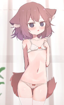 1girl animal_ears arms_behind_back black_eyes blush bow bow_bra bow_panties bra breasts brown_hair cameltoe cat_ears cat_girl cat_tail collarbone crotch_seam curtains loli looking_at_viewer navel open_mouth original panties plant red_bow shooko short_hair small_breasts standing strap_slip tail thighhighs underwear white_bra white_panties white_thighhighs window