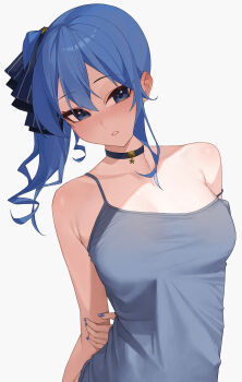 Rule 34 | 1girl, alternate breast size (larger), arm behind back, asymmetrical sidelocks, bare arms, blue choker, blue eyes, blue hair, blue nails, blue ribbon, breasts, camisole, choker, double-parted bangs, grey camisole, hair between eyes, hair ribbon, hashtag-only commentary, highres, hololive, hoshimachi suisei, looking at viewer, medium breasts, medium hair, nail polish, parted lips, pendant choker, raeis, ribbon, side ponytail, sidelocks, simple background, solo, star (symbol), star in eye, star pendant, strap slip, symbol in eye, upper body, virtual youtuber, white background