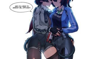 2girls animal_ears black_gloves black_hair black_pants black_pantyhose black_shorts black_thighhighs blue_jacket collared_shirt commentary english_commentary english_text fingerless_gloves gloves grabbing_another&#039;s_ass gradient_hair green_necktie grey_jacket groping high-waist_pants high-waist_shorts holding_hands jacket jane_doe_(zenless_zone_zero) leg_between_thighs lilac_alien long_hair long_sleeves mouse_ears mouse_girl mouse_tail multicolored_hair multiple_girls necktie pants pantyhose parted_lips red_hair red_nails shirt shorts simple_background single_leg_pantyhose single_thighhigh smile speech_bubble streaked_hair tail tail_around_another&#039;s_leg tail_wrap thighhighs torn_clothes torn_pantyhose white_background white_shirt yuri zenless_zone_zero zhu_yuan