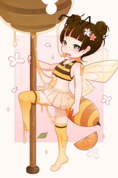 1girl absurdres antennae arthropod_girl bee_girl blush brown_hair crop_top female_focus flat_chest flower food_on_body full_body hair_bun hair_flower hair_ornament highres honey insect_girl insect_wings loli monchichiwa open_mouth original pleated_skirt shirt short_hair skirt sleeveless sleeveless_shirt smile solo standing standing_on_one_leg stinger striped_clothes striped_shirt thighhighs thighs tiptoes wings yellow_skirt yellow_thighhighs zettai_ryouiki