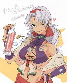 1boy 1girl alcohol bead_necklace beads blonde_hair blue_eyes bottle bracelet breasts bridal_gauntlets cleavage cleavage_cutout closed_mouth clothing_cutout coat commentary crop_top dark-skinned_female dark_skin earrings eiyuu_densetsu falcom forehead_jewel gloves hairband hand_on_own_hip hashtag heart highres holding holding_bottle hoop_earrings jewelry kaimurkgk large_breasts lips long_hair looking_at_viewer lying navel navel_piercing necklace olivert_reise_arnor on_stomach one_eye_closed orange_background parted_bangs piercing purple_gloves sarong sash scherazard_harvey silver_hair simple_background smile solo_focus sora_no_kiseki stomach twitter_username two-tone_background unconscious upper_body white_background white_coat