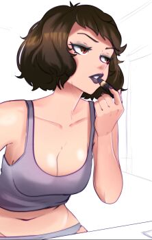 1girl bare_shoulders blysill breasts brown_hair collarbone highres kawakami_sadayo lips lipstick makeup navel persona persona_5 short_hair solo stomach