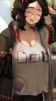 1girl bikini bikini_top_only black_hair black_hoodie breasts cleavage closed_eyes collarbone color_wheel floppy_disk folder glasses grin hair_ornament highres hizake_mozu hood hoodie huge_breasts large_breasts long_hair multicolored_hair multicolored_hoodie open_mouth original red-eyed_glasses_girl_(kashu_(hizake)) red_bikini rimless_eyewear see-through_clothes shirt shirt_overhang smile solo swimsuit teeth white_shirt