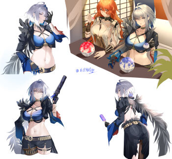2girls absurdres ahoge armor artist_name ass augusta_(wuthering_waves) bandeau belt black_belt black_collar black_gloves black_jacket black_pantyhose black_shorts blue_bandeau blue_hair blue_hands bowl breastplate breasts chinese_commentary cleavage closed_mouth collar collarbone colored_extremities commentary_request cowboy_shot criss-cross_straps cropped_jacket cropped_legs dress earrings food from_behind galbrena_(wuthering_waves) glove_pull gloves gold_armor gold_choker grey_hair groin gun hair_between_eyes hair_intakes hand_up highres holding holding_food holding_gun holding_popsicle holding_spoon holding_weapon indoors jacket jewelry large_breasts long_hair long_sleeves looking_at_viewer medium_hair midriff multicolored_hair multiple_girls navel open_clothes open_jacket open_mouth orange_hair pantyhose popsicle purple_eyes red_eyes shadow shaved_ice shorts sidelocks single_leg_pantyhose single_wing sitting spoon standing vambraces very_long_fingernails weapon white_dress wings wuthering_waves zhenli_trigger