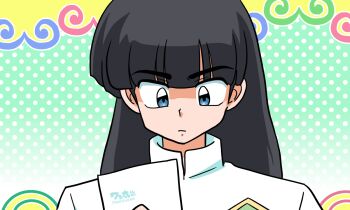 1boy artist_name black_hair blue_eyes blunt_bangs closed_mouth gradient_background long_hair male_focus mousse_(ranma_1/2) polka_dot polka_dot_background portrait ranma_1/2 signature solo straight_hair wanta_(futoshi)