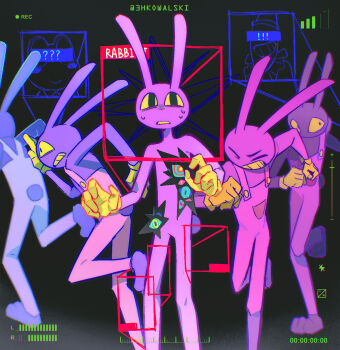 Rule 34 | 1girl, 2boys, 3hkowalski, abstraction (the amazing digital circus), ai image recognition, animal ears, black background, blue outline, camera view, clenched hand, colored skin, colored teeth, facial recognition, full body, gloves, highres, jax (the amazing digital circus), kaufmo (the amazing digital circus), looking at viewer, looking to the side, multiple boys, multiple views, outline, purple skin, rabbit boy, rabbit ears, recording, ribbit (the amazing digital circus), running, signal bar, standing, standing on one leg, sweatdrop, the amazing digital circus, timestamp, twitter username, yellow eyes, yellow gloves, yellow teeth