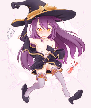 1girl absurdres aged_down artist_name belt belt_buckle black_gloves black_hat blush bottle bracelet buckle censored collarbone commission elbow_gloves embarrassed female_focus flat_chest full_body gloves goblin_slayer! hat highres holding holding_unworn_clothes holding_unworn_hat jewelry loli long_hair mole mole_under_eye monchichiwa mosaic_censoring nipples open_mouth oversized_clothes potion purple_hair pussy shoe_dangle signature smoke solo tearing_up thighhighs unworn_hat unworn_headwear unworn_shoe witch witch_(goblin_slayer!) witch_hat yellow_eyes
