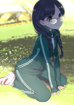 Rule 34 | 1girl, :o, amayoshi, black hair, blunt bangs, braid, day, female focus, glasses, grass, gym shirt, hair over shoulder, highres, jacket, long hair, long sleeves, original, outdoors, over-rim eyewear, pants, parted bangs, seiza, semi-rimless eyewear, shade, shirt, shoes, sitting, sleeves past wrists, sneakers, solo, track jacket, track pants, track suit, twin braids
