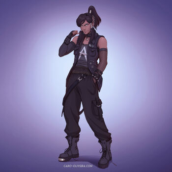 1girl artist_name avatar_legends bare_shoulders black_boots black_gloves black_pants black_vest boots brown_hair caro_oliveira dark-skinned_female dark_skin fingerless_gloves fishnet_armwear fishnets gloves goth_fashion hair_bun hand_in_pocket korra looking_at_viewer pants single_hair_bun solo the_legend_of_korra vest